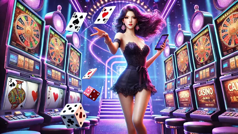 หน้าจอเกมสล็อตที่มีวงล้อและสัญลักษณ์หลากหลาย