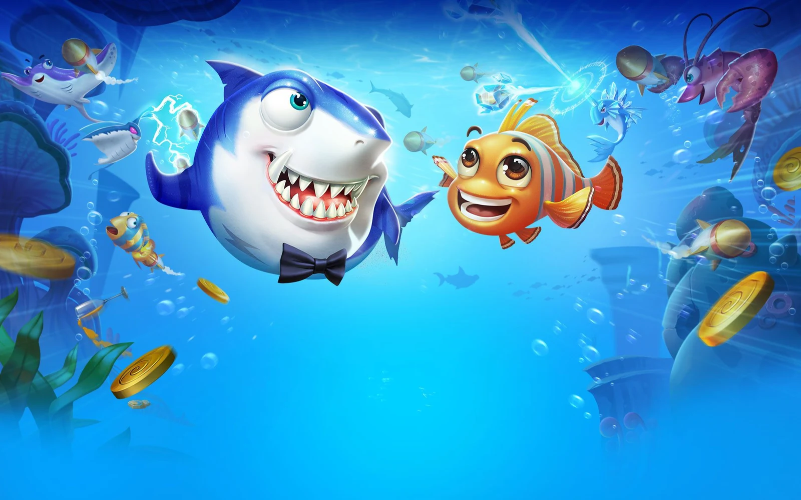 ภาพเกมยิงปลาแสดงฉากเคลื่อนไหวและเป้าหมายในน้ำ